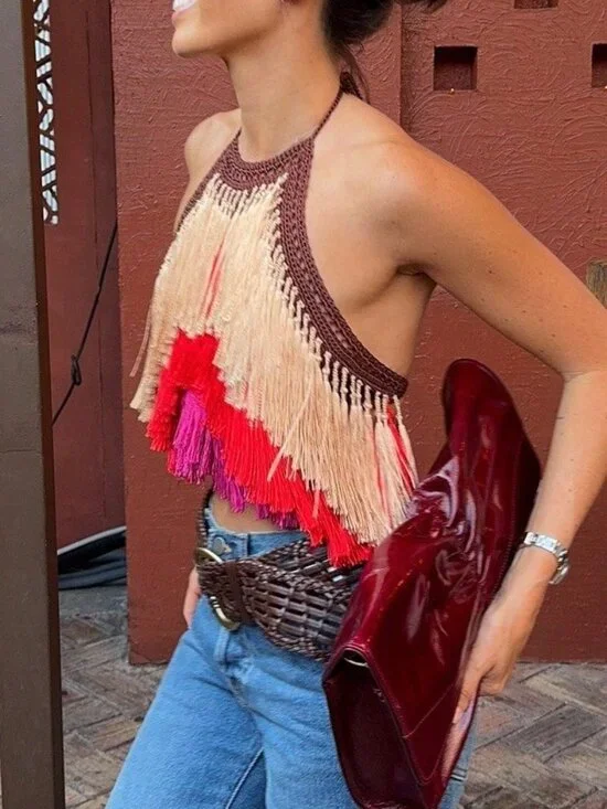 Multicolor Casual Women's Boho Crochet Fringe Halter Crop Tank Top - Picture 6 of 7